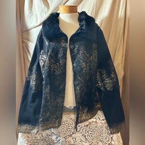 Chico's Black and Gold Textured Teddy Jacket with detachable collar